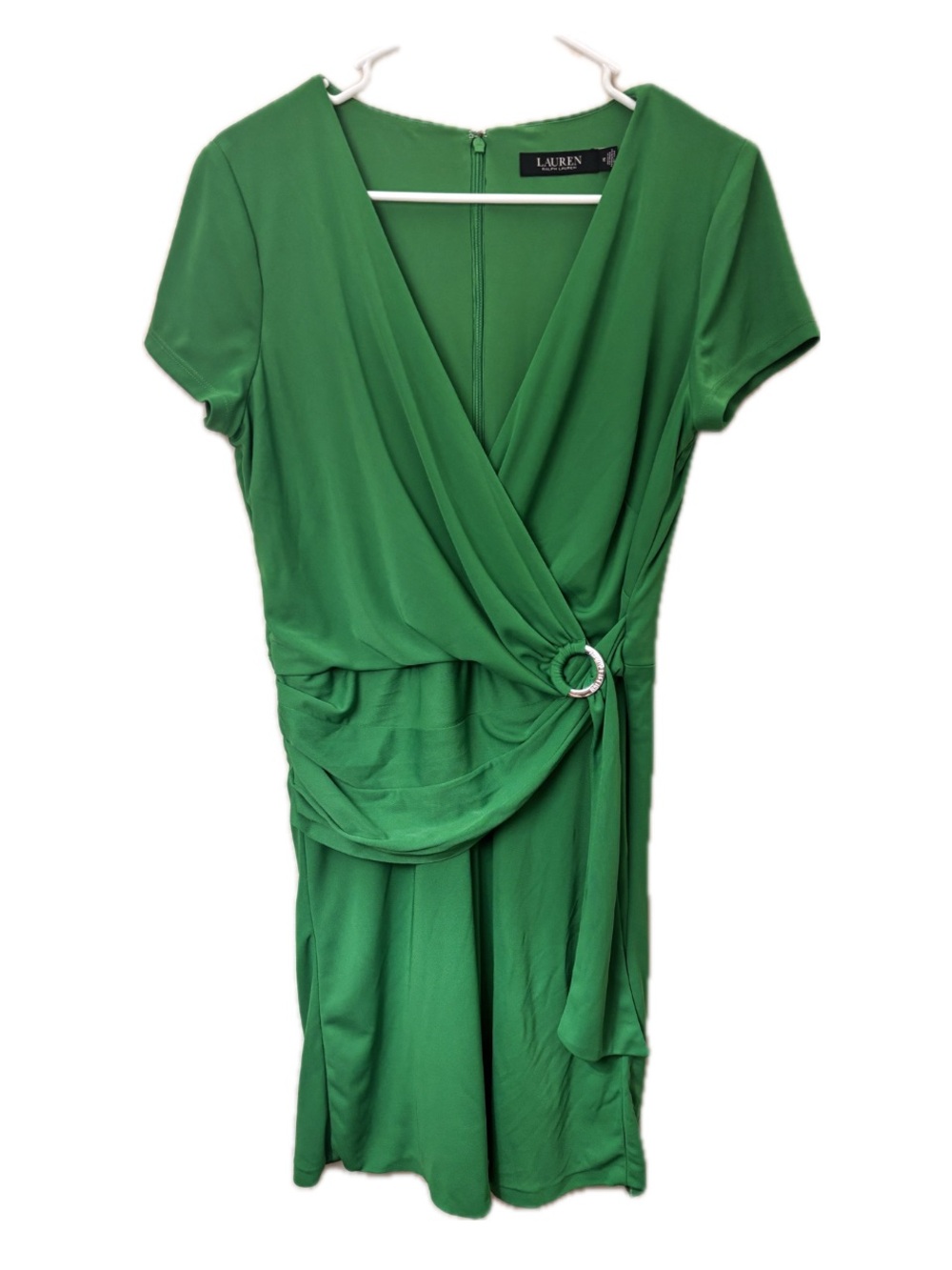 Lauren Ralph Lauren Green Faux Wrap Dress Size 10 Silver Ring Detail
